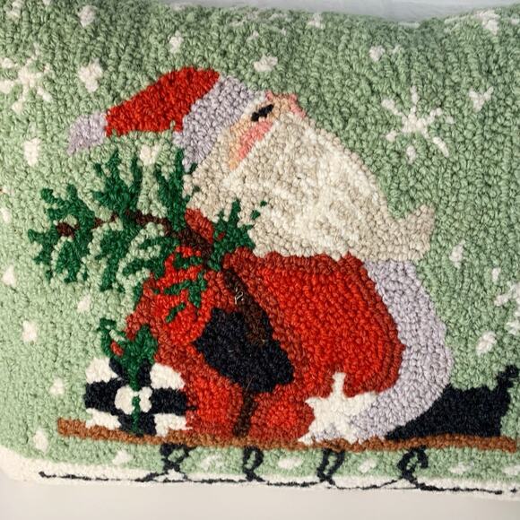 Santa Christmas Hooked Wool Pillow Peking Handicraft Rectangle Lumbar - Picture 2 of 8